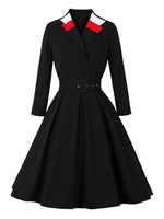 Robe Rétro Vintage 1950s Femme Courte à Col V avec Manches Longues Coupe Cintrée Bas Evasée Bicolores