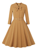 Robe Rétro Vintage 1950s Femme Courte à Col V avec Manches Mi-longues Coupe Cintrée Bas Evasée Unicolore Robe Femme