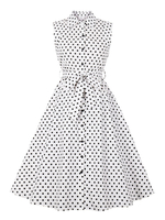 Robe Rétro Vintage 1950s Femme Courte Imprimé Pois à Col Revers avec Bretelles Coupe Cintrée à Lacets Bas Evasée Bicolores