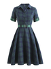 Robe Rétro Vintage 1950s Femme Imprimé Carreaux Courte avec Manches Courtes à Col Revers Coupe Cintrée Bas Evasée Bicolores Robe Femme