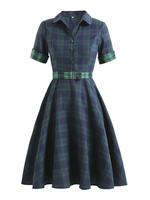 Robe Rétro Vintage 1950s Femme Imprimé Carreaux Courte avec Manches Courtes à Col Revers Coupe Cintrée Bas Evasée Bicolores Robe Femme