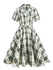 Robe Rétro Vintage 1950s Femme Imprimé Carreaux Courte avec Manches Courtes à Col Revers Coupe Cintrée Bas Evasée Bicolores Robe Femme