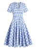 Robe Rétro Vintage 1950s Femme Imprimé Carreaux Courte avec Manches Courtes à Col V Coupe Cintrée Bas Evasée Bicolores Robe Femme