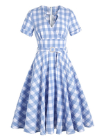 Robe Rétro Vintage 1950s Femme Imprimé Carreaux Courte avec Manches Courtes à Col V Coupe Cintrée Bas Evasée Bicolores Robe Femme