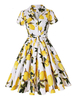 Robe Rétro Vintage 1950s Femme Imprimé Fleurie Courte avec Manches Courtes à Col Revers Coupe Cintrée Bas Evasée Robe Femme