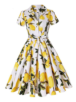 Robe Rétro Vintage 1950s Femme Imprimé Fleurie Courte avec Manches Courtes à Col Revers Coupe Cintrée Bas Evasée Robe Femme