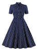 Robe Rétro Vintage 1950s Imprimé Pois Courte à Col V avec Manches Courtes Coupe Cintrée Bas Evasée Bicolores