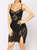 Robe Sexy Courte Femme en Dentelle Creusante avec Bretelles à Col Décolleté en V Coupe Cintrée avec Fente Unicolore