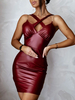 Robe Sexy en Cuir Synthétique Femme avec Bretelles à Col Décolleté en V Coupe Cintrée Unicolore Robe Sexy