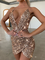 Robe Sexy en Paillette Robe de Club Femme avec Bretelles à Col Décolleté en V Coupe Cintrée avec Dos Nu Unicolore