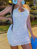 Robe Sexy en Paillettes Moulante Courte Femme avec Bretelles à Col Décolleté en V Coupe Cintrée Unicolore