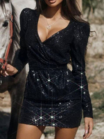 Robe Sexy en Paillettes Moulante Courte Femme avec Manches Longues à Col Décolleté en V Coupe Cintrée Unicolore