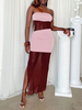 Robe Sexy Longue Femme en Mousseline avec Epaule Dénudée Coupe Cintrée Bicolores