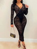 Robe Sexy Moulante Longue Femme à Col V avec Manches Longues Coupe Cintrée Unicolore