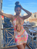 Robe Sexy Robe Club Femme Imprimé Courte avec Bretelles à Col Décolleté à Lacets avec Epaule Dénudée Coupe Cintrée Robe Eté