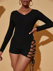 Robe Sexy Robe de Club Courte à Col V avec Manches Longues Coupe Cintrée avec Fente à Lacets Unicolore