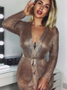 Robe Sexy Robe de Club en Paillette Courte à Col Décolleté en V avec Manches Longues Coupe Cintrée à Lacets Unicolore