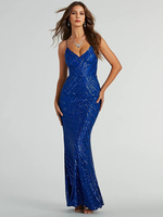 Robe sirène à paillettes en bleu décolleté en V profond bretelles spaghetti longue robe formelle pour femmes 2025