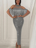 Robe Soirée Longue Femme sans Manches avec Epaules Nus Cousu avec Les Franges Coupe Cintrée Silhouette avec Paillettes Sexy Robe Longue