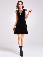 Robe soutenue de cocktail A-ligne en velours col V avec dentelle minidétail zip sans doublure et jupon fête de la rentrée