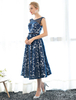 Robe soutenue de cocktail A-ligne en voile de tulle bleu marine foncé col rond avec ceinture longueur molletlacets de dentelle