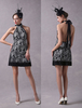 Robe soutenue de cocktail fourreau en dentelle noir à licou avec perles minidos décolleté et doublure et jupon de cocktail