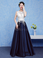 Robe sublimé de bal A-ligne en dentelle bleu marine foncé col rond avec perles longueur plancher