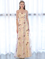 Robe sublimé de bal A-ligne en satin mat col rond imprimé fleuri longueur plancher