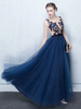 Robe sublimé de bal A-ligne en tulle col rond avec dentelle longueur plancher