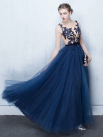Robe sublimé de bal A-ligne en tulle col rond avec dentelle longueur plancher