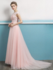 Robe sublimé de bal A-ligne en tulle rose clair col bateau avec perles Avec traîne