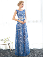 Robe sublime de soirée A-ligne en dentelle avec ceinture col rond longueur plancher
