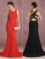 robe sublime de soirée sirène en dentelle croisé col rond Avec traîne