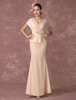 Robe sublime de soirée sirène Tissu de satin champagne avec dentelle col V longueur cheville