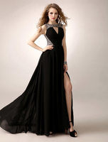 Robe subtenue de bal A-ligne en chiffon col rond avec paillettes