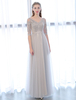 Robe subtenue de bal A-ligne en satin mat gris clair col V avec strass longueur plancher