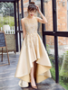 Robe subtenue de bal A-ligne Tissu de satin doré clair col rond avec dentelle asymétrique