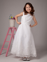 Robe sweet de fille de fleurs A-ligne blanche en satin avec col rond de tenue belle