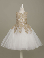 Robe sweet de fille de fleurs en tulle doré clair col ras du cou avec dentelle