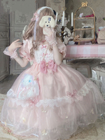 Robe Sweet Lolita OP Polyester Manches Courtes Arcs Volants Dentelle Rose Robe Lolita One Piece