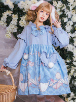 Robe Sweet Lolita OP Polyester Manches Longues Pom Poms Volants Bleu Ciel Robe Une Pièce Sweet Lolita