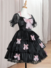 Robe Sweet Lolita Polyester Manches Courtes Dentelle Arcs Volants Robe Lolita Noire Une Pièce