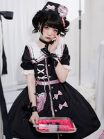 Robe Sweet Lolita Polyester Manches Courtes Dentelle Nœuds Volants Jupe Pull Noir Sweet Lolita