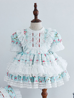 Robe Sweet Lolita pour enfants Bleu ciel clair Volants Arcs en dentelle Manches courtes Polyester Sweet Lolita Robes une pièce