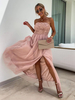 Robe trapèze à volants en tulle fente haute épaules dénudées dos nu robes longues de fête