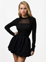 Robe trapèze avec ourlet à bulles col montant manches longues transparente robe courte de fête danniversaire pour femmes 2025