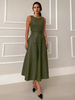Robe trapèze en similicuir vert sans bretelles avec ceinture élégante robe mi-longue dété pour femme 2025