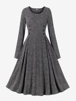 Robe Trapèze Rétro Lacets Style Audrey Hepburn Années 1950 Manches Longues Gris