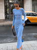 Robe tricotée bleue à manches longues et col bijou style deux pièces robe longue décontractée pour femme printemps 2025