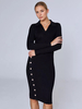 Robe Tricotée Moulante Boutons Polyester Manches Longues Col En V